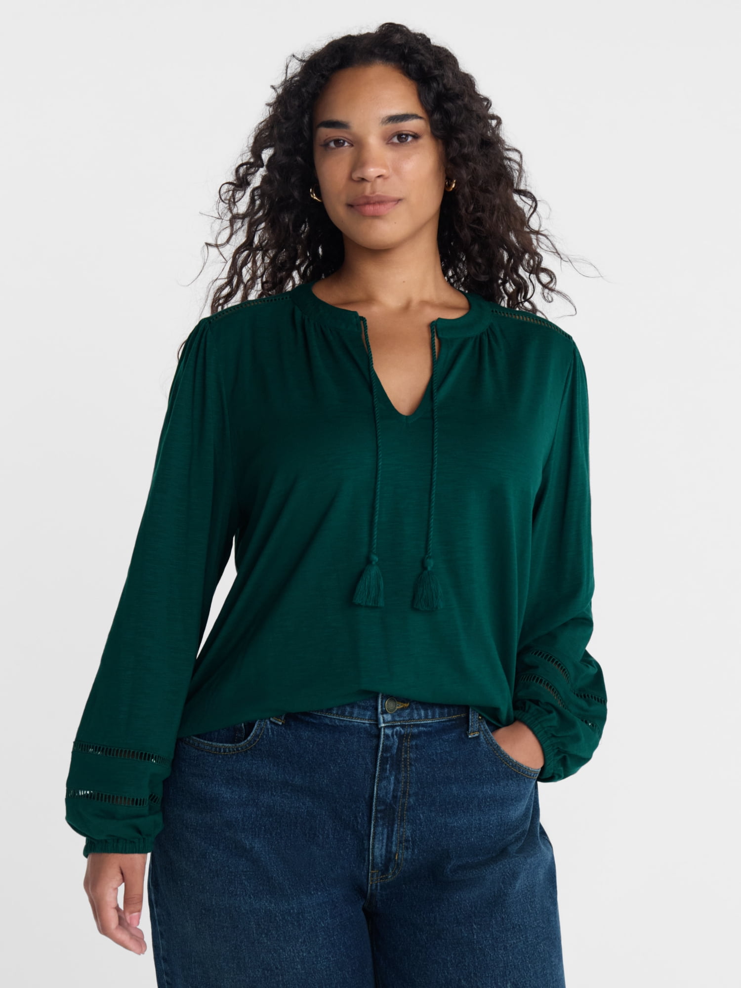 Scenario Women's Slub Knit Split Neck Top with Long Sleeves, Sizes XS-XXXL