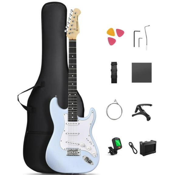 Donner 39" Full Size Electric Guitar with Amp, Solid Wood Beginner Starter Kit, Blue