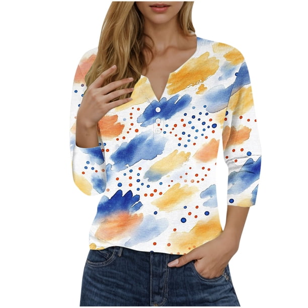 Blusas para las Mujeres Casual Impreso 3/4 Manga V Cuello Botones, Ligero Estante de Imitación para el Uso Diario Del Hogar
