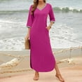 thumbnail image 4 of gakvbuo Maxi Dress For Women With Pockets Boho Summer Dresses 3/4 Sleeve V Neck Long Beach T-Shirt Dress With Side Split Bottom Sundress Travel Vacation Outfits, 4 of 9