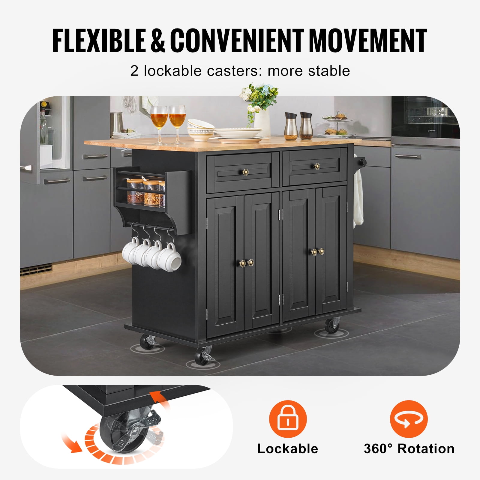 KFFKFF Mobile Kitchen Island, 43" Wooden Surface, Equipped with Cabinet Storage, Extendable Table, Spice Holder, Towel Handle, Single Drawer, and Hooks, Easy-to-Move Casters, in Black