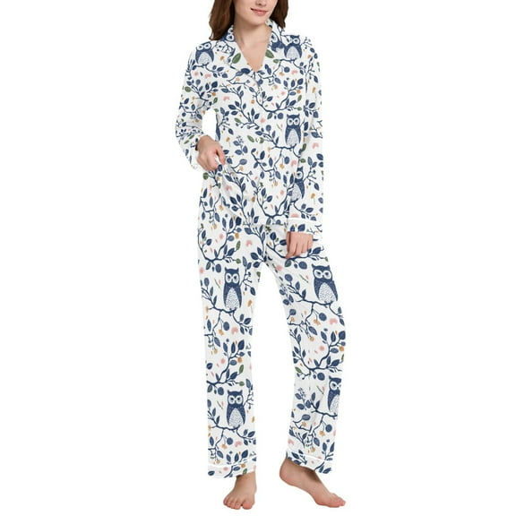 joogoo Pajamas Set for Women Owl on Branch Long Sleeve Pjs Loungewear L