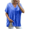 thumbnail image 2 of Women's Plus Size Sequin Top Casual Loose Glitter Sequin Short Sleeve T Shirts V Neck Plus Size Party Tops, 2025, 2 of 5