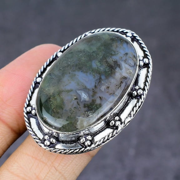 Natural Moss Agate Gemstone Handmade 925 Sterling Silver Ring Size 7.5