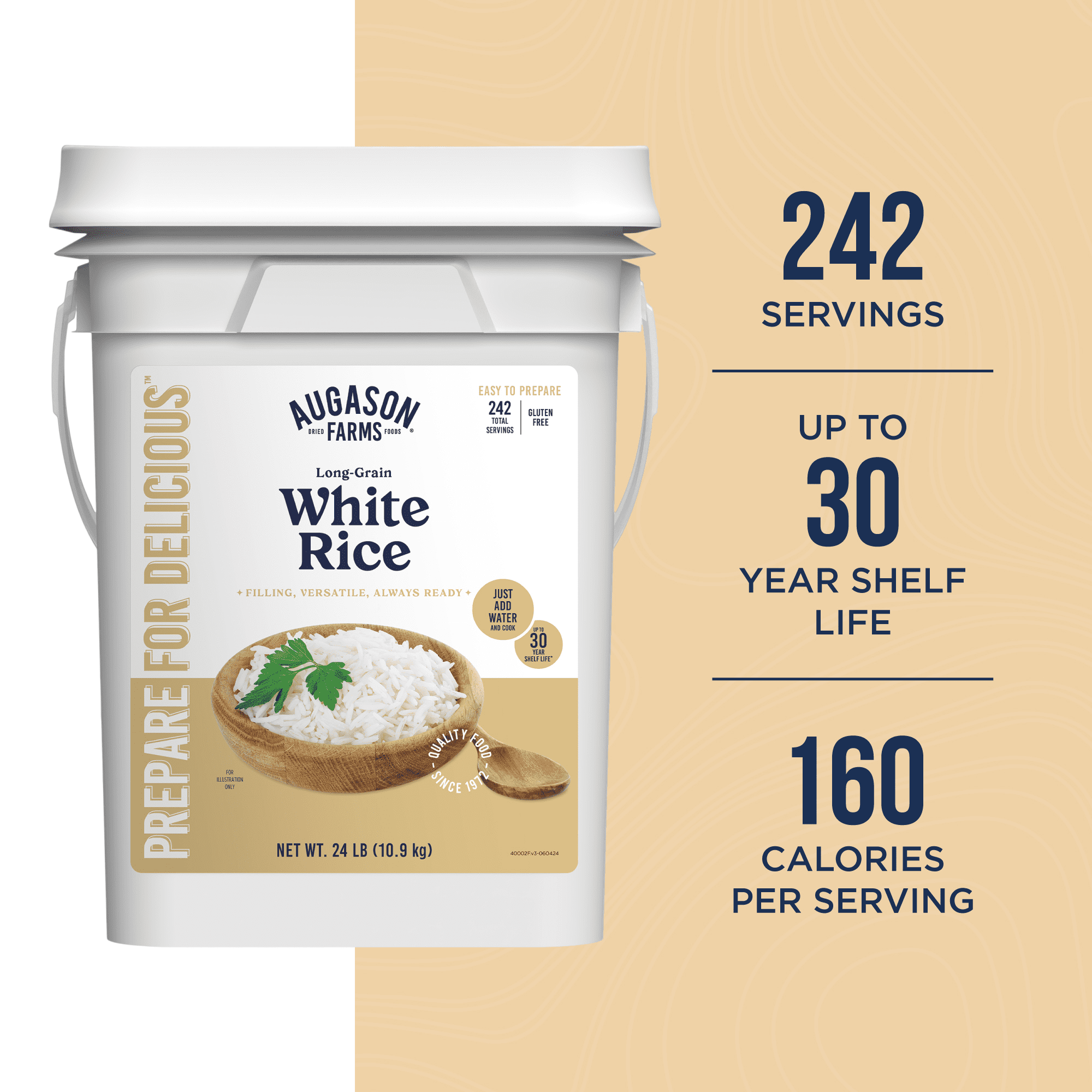 Long-Grain White Rice Emergency Food Supply, 242 Servings, 30 Year Shelf Life, Certified Gluten Free Rice - Dehydrated Meals, Survival Food Camping Essentials Bucket