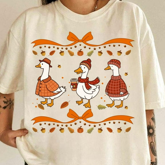 Vintage Fall Goose T-Shirt, Cozy Duck in Sweater and Hat Tee with Pumpkin Coffee, Autumn Leaves Shirt for Women, Cute Fall Coffee Lover Outfit