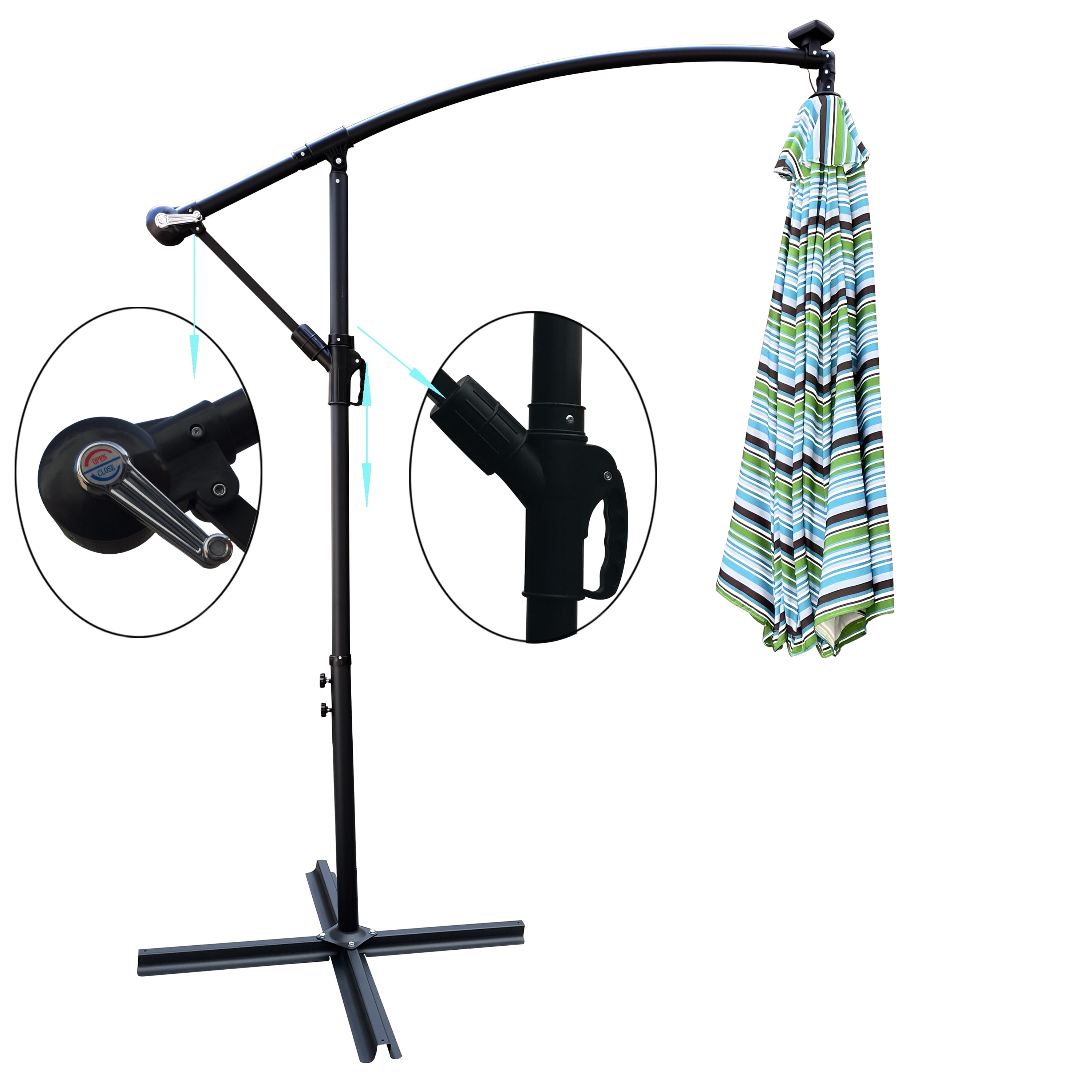 Royard Oaktree 10FT Patio Offset Umbrella w/Solar LED Lights Outdoor Cantilever Hanging Umbrella w/Crank & Cross Base UV Protection Sun Shade for Market Garden Lawn Deck Backyard Pool,Blue striped