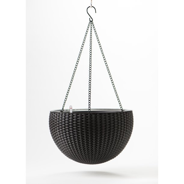 Keter Round Resin 13.8" D Hanging Planters, 2 Pack, Brown Rattan