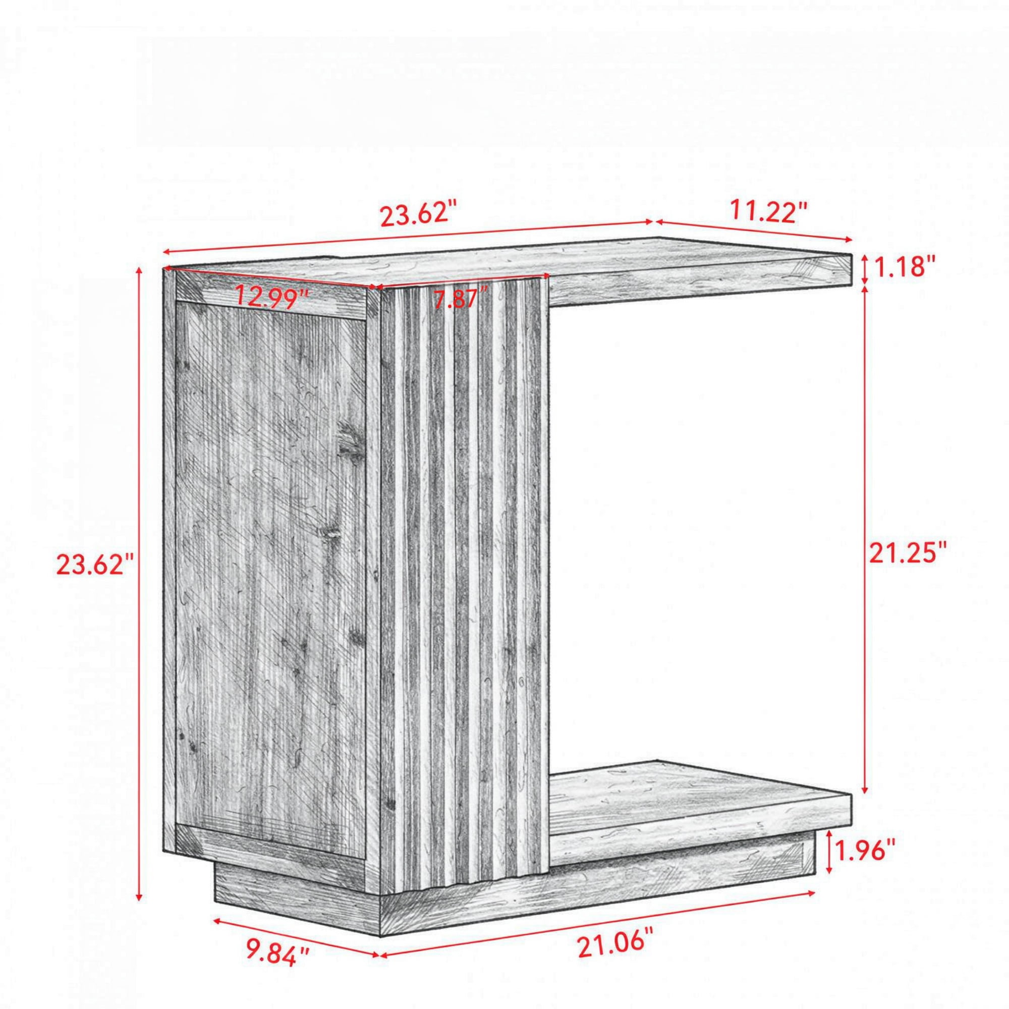 Wood C Shaped Side Table with Fluted Panels for Bedroom