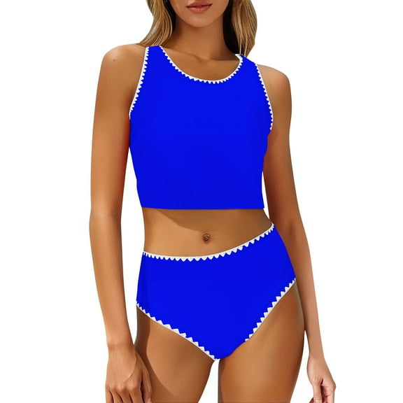 Hot Days Bold Styles UTSJKR Women's Two Piece Tankini Bathing Suits Sporty High Neck Tank Top with High Waisted Bottom Tummy Control Swimsuits Blue L