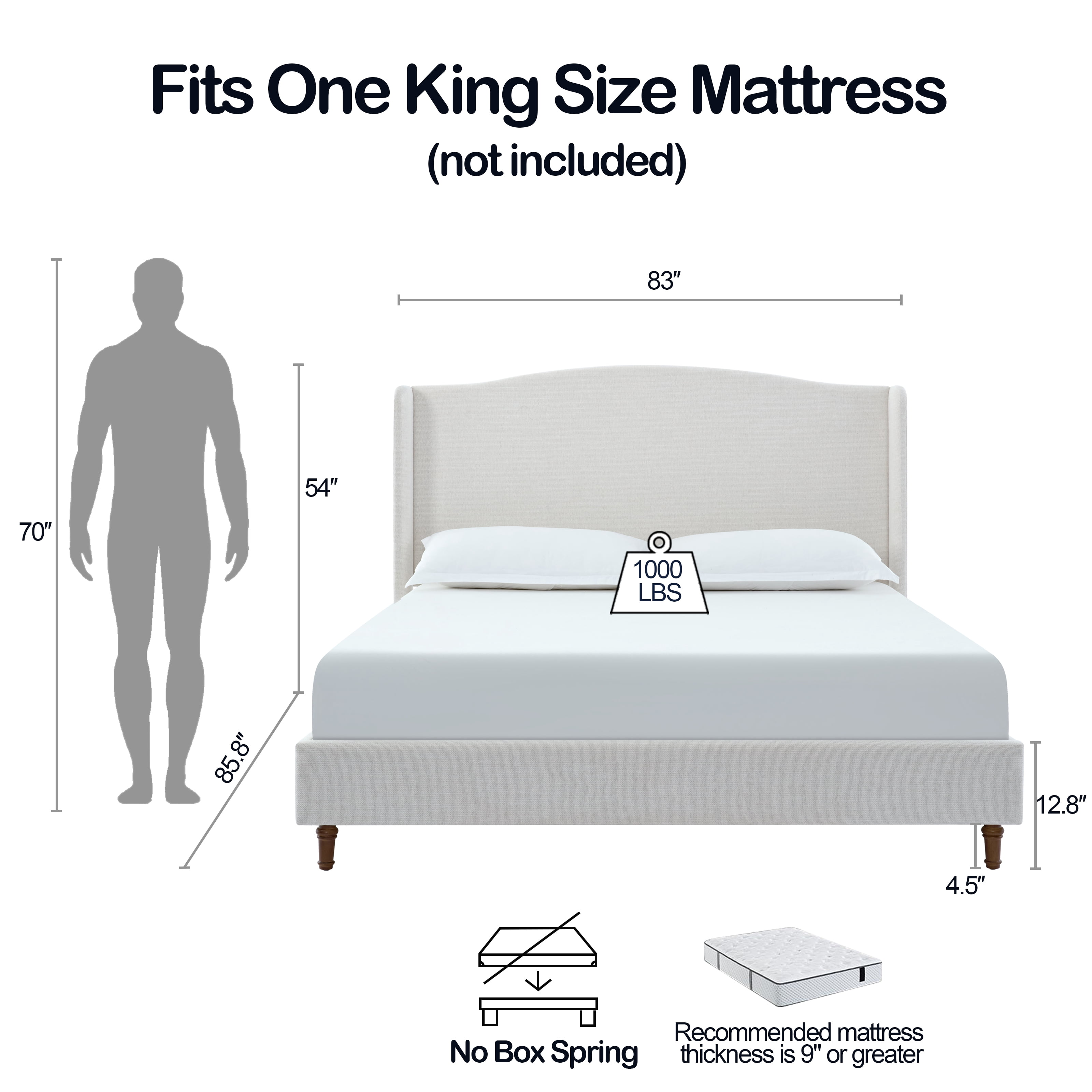 Miniyam 54" High King Size Upholstered Bed with Wingback Headboard for Adult, Ivory White