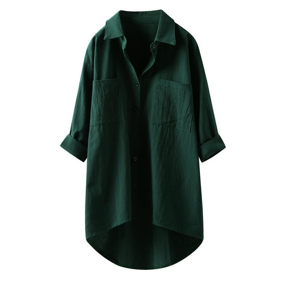 Fimkaul Women's Button Down Shirts Winter Fall Plus Size Long Sleeve Casual Tops Down Long Sleeve Linen Blouse Army Green L