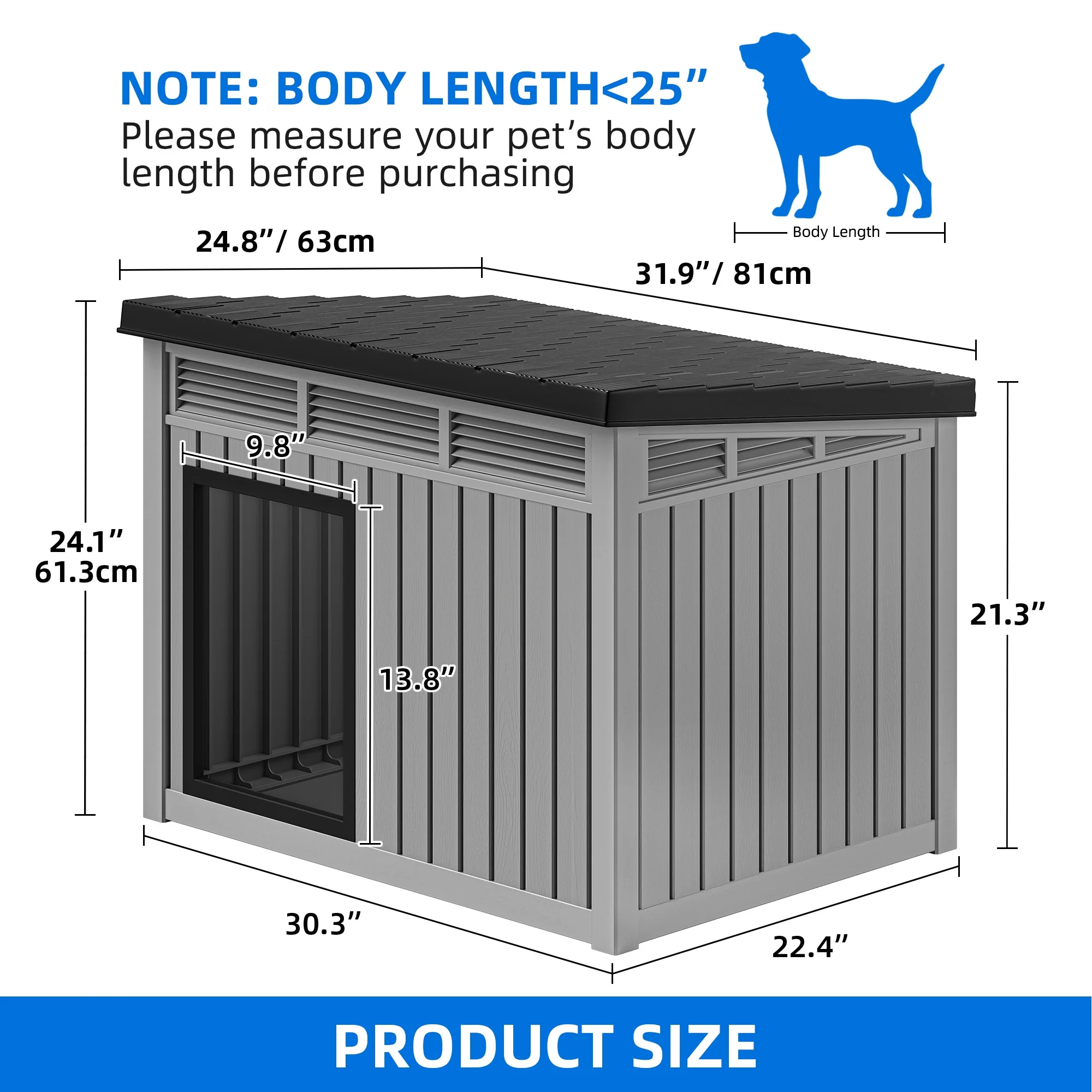 FICARTS  Dog House for Both Indoor and Outdoor with Weatherproof Roof Removable Floors for Medium to Large Dogs Interior Space (Gray, Medium(31.9"D x 24.8"W x 24.1"H))