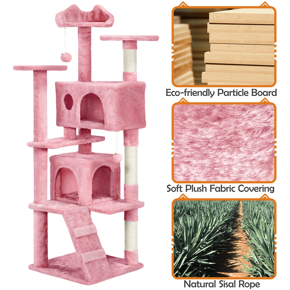 Alden Design 62''H Double Condo Cat Tree with Scratching Post Tower, Pink