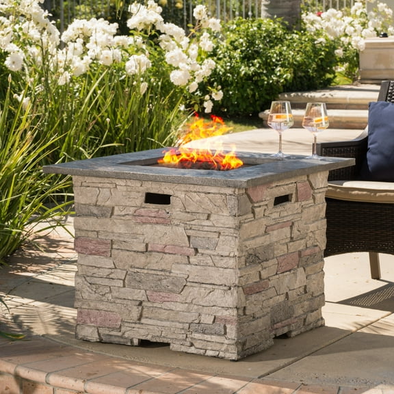 Lisonu 32" Stone Square MGO Propane Fire Pit Table, 40,000 BTU Outdoor Gas Firepit with Grey Top & Tank Storage, Lightweight Concrete, No Assembly, for Patio & Backyard Gatherings