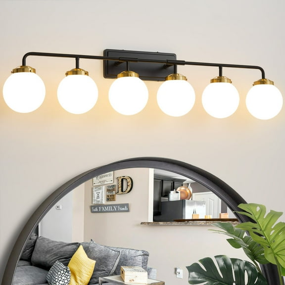 Deyidn 6-Light Modern Vanity Light, Black and Gold Bathroom Light Fixture with Milk White Glass Globes, 45 Inch Bathroom Wall Sconce for Mirror