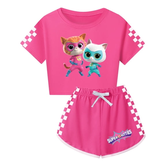Girls SuperKitties Summer Set – 2-Piece Outfit with Cropped Shirt and Shorts for Children