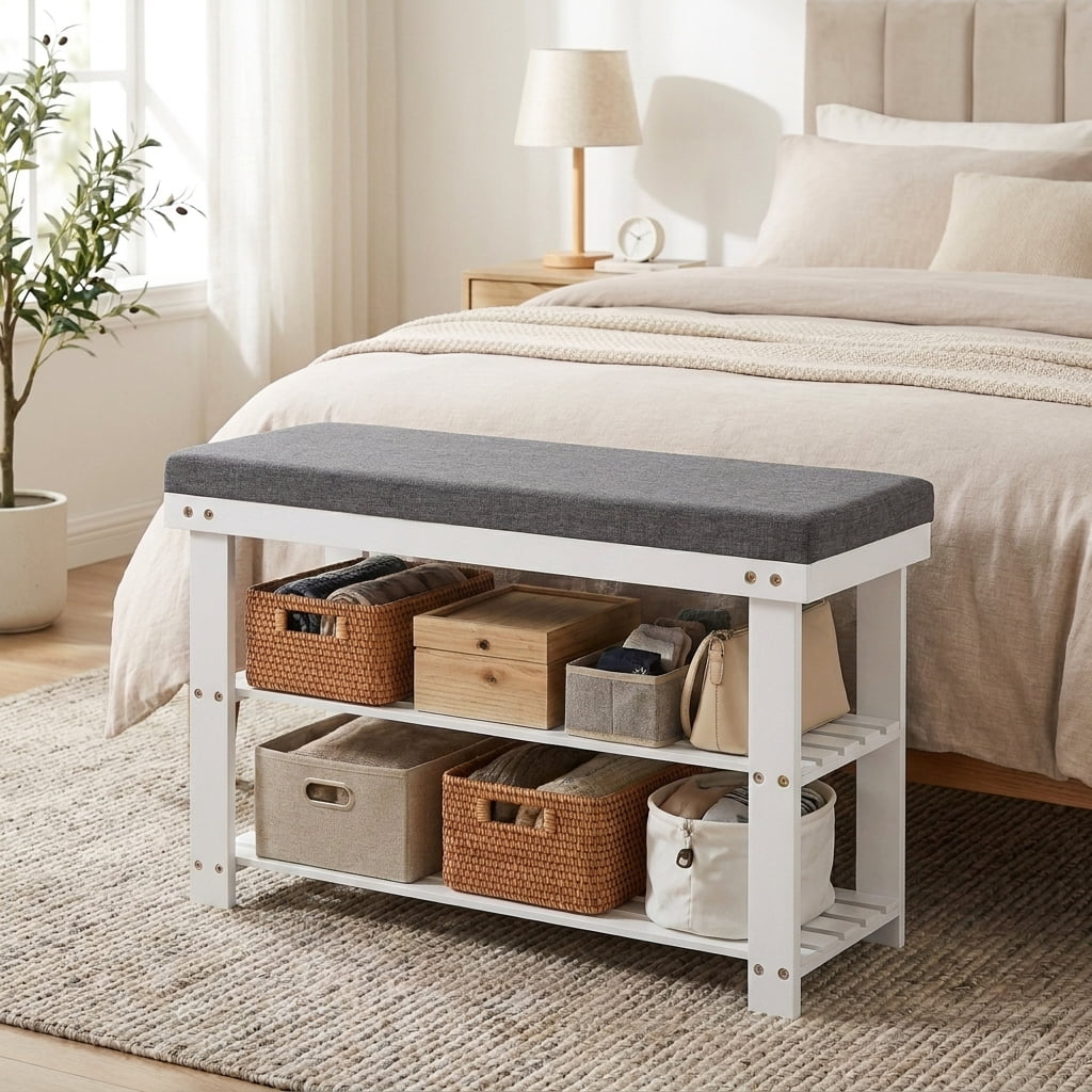 LEDREM Shoe Bench with Cushion, 3-Tier Sturdy Entryway Shoe Rack Organizer, White and Gray