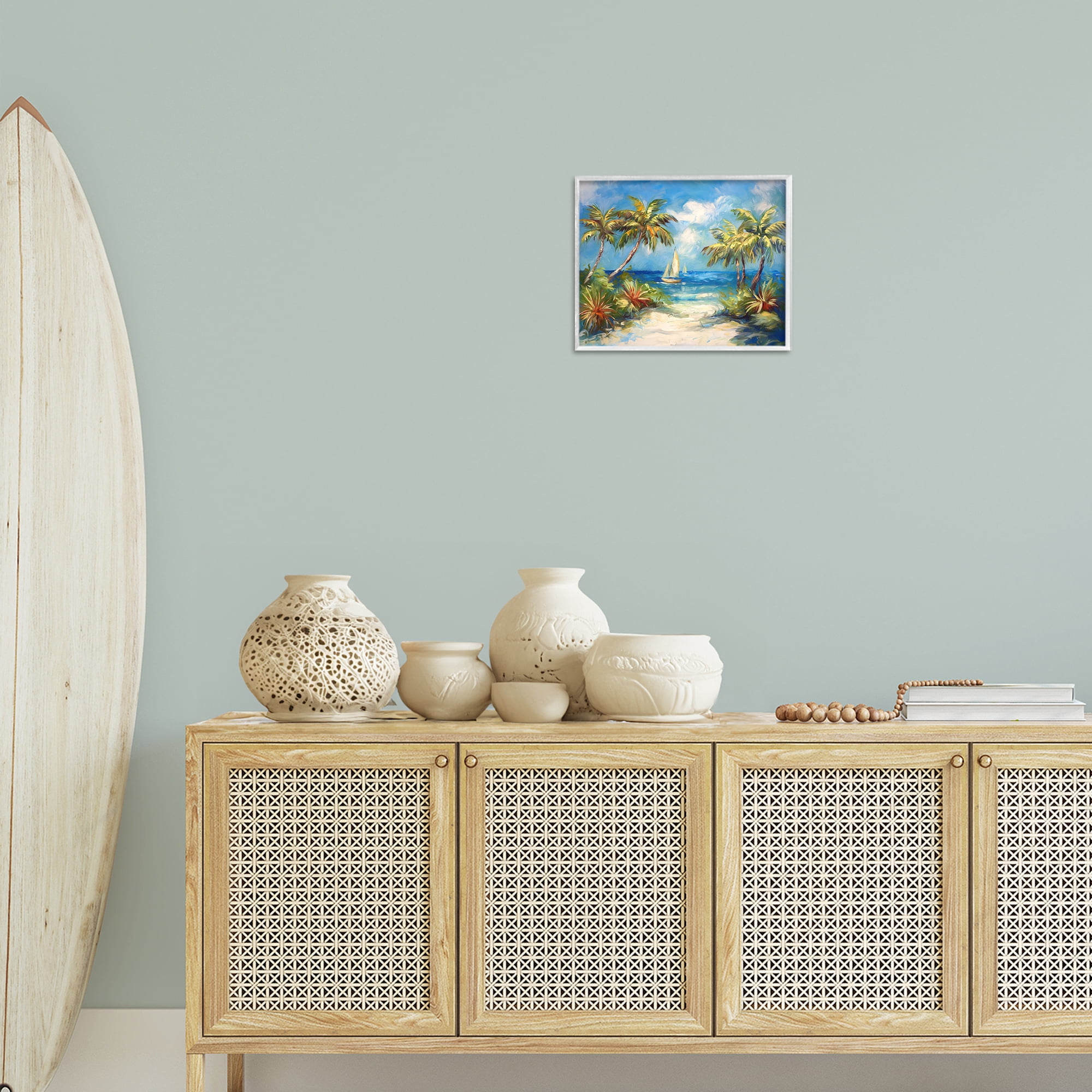 Stupell Industries Tropical Paradise Harbor Coastal Painting White Framed Art Print Wall Art, 14 x 11