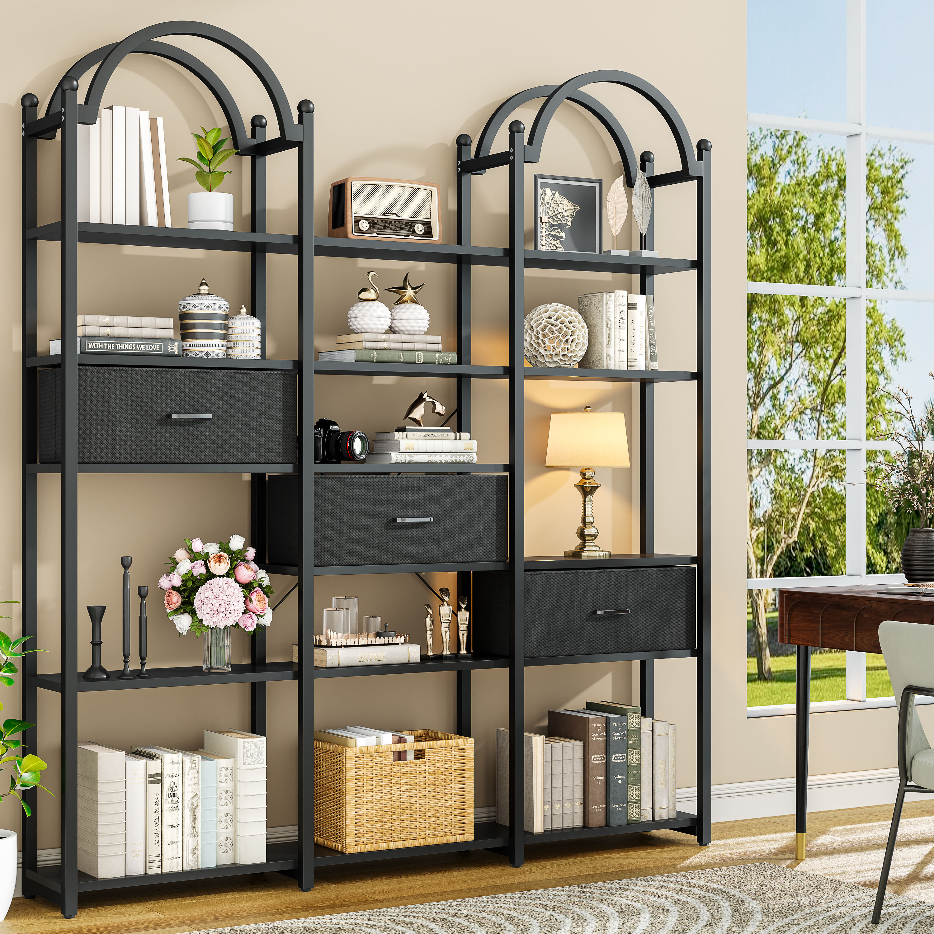 Modfurne 83.5" Tall Arched Bookshelf, Triple Wide 6-Tier Large Open Book Shelf Etagere Bookcase with Display Shelf and Metal Frame for Living Room, Black