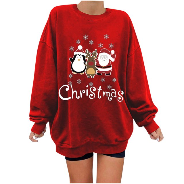 Blusa de sudadera informal con estampado suelto y mangas caídas navideñas con cuello redondo para mujer Fridja FKASFK1883