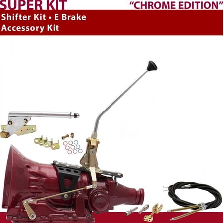 American Shifter C4 Shifter Kit 12 in. E Brake Cable Chrome Dual Shift Floor Hndl Ringed Knob for CCE3F