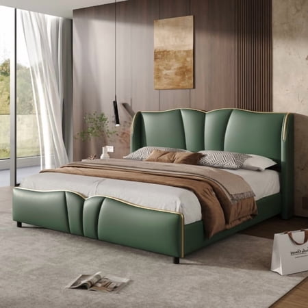 Queen Size Upholstered Bed Frame Modern Wingback Headboard Wavy Footboard Platform Bed No Box Spring Needed for Bedroom, Dark Green