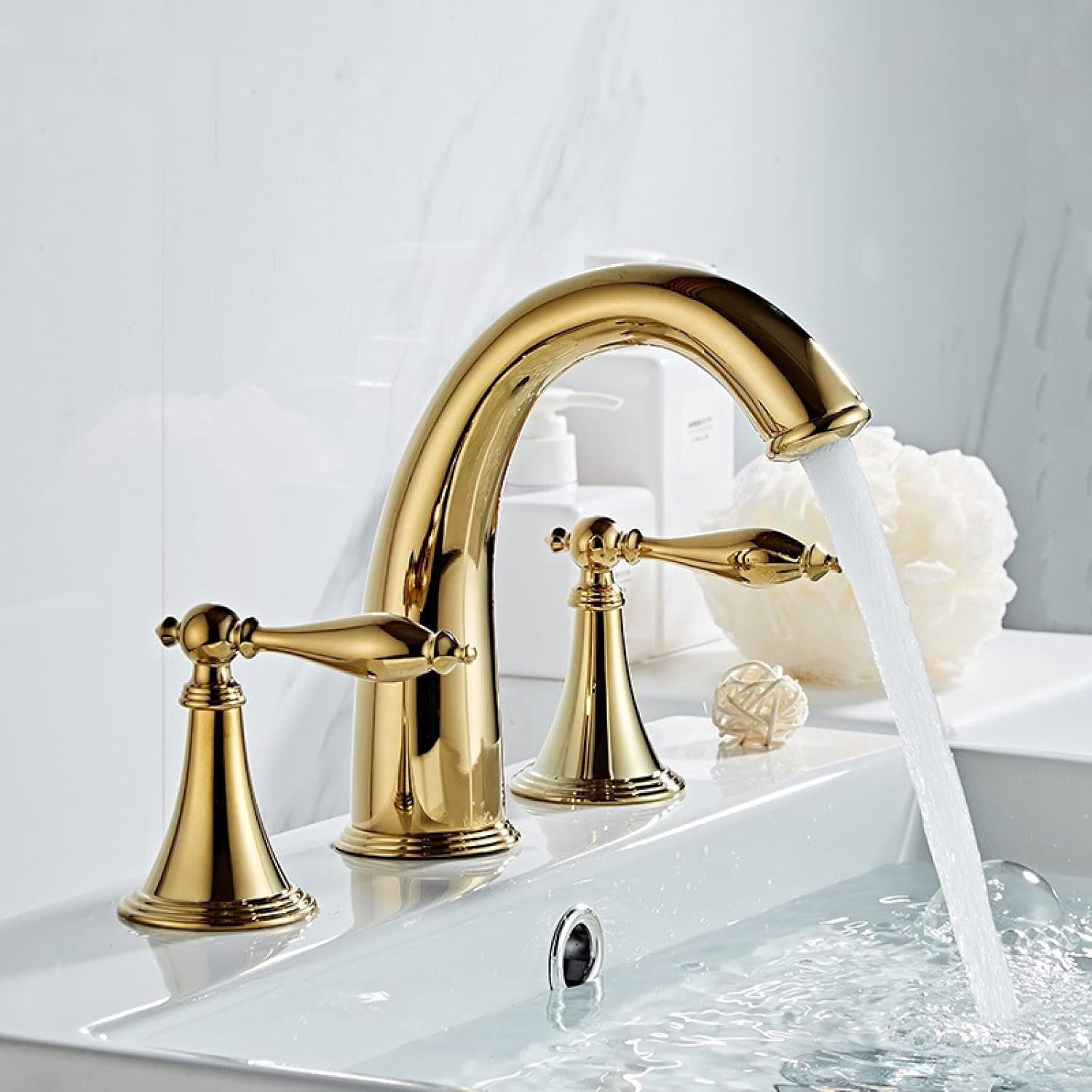 Bathroom Sink Faucet 3 Hole, Brass Sink Faucet Bathroom, Double Handles Bathroom Sink Faucet, Hot and Cold Water Faucet, 2 Lever Handles Bathroom Faucets, Gold