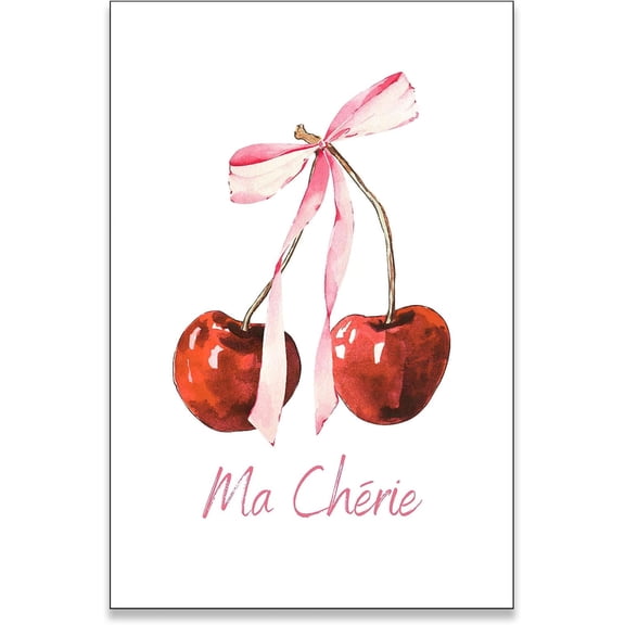 Funny Canvas Wall Art,Funky Preppy Posters,Vintage Fruit Prints Retro Ma Cherie Red Pictures,Bow Painting Decor for Living Room Bathroom
