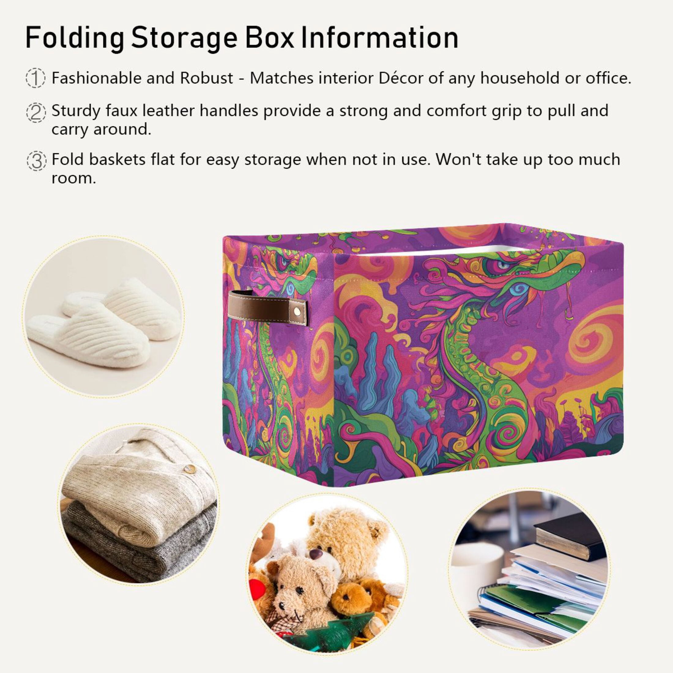 Psychedelic Cartoon Dragon Foldable Storage Basket,Canvas Fabric Foldable Storage Bins with Handles Open Home Storage Bins Boxes for Toy Book Shelf Closet Baskets