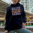 thumbnail image 2 of Going Places & Doing Things, Traveling or Adventure Themed Quote, Groovy Retro Wavy Text Merch Gift, Navy Blue Hooded Sweatshirt or Hoodie, Medium, 2 of 5