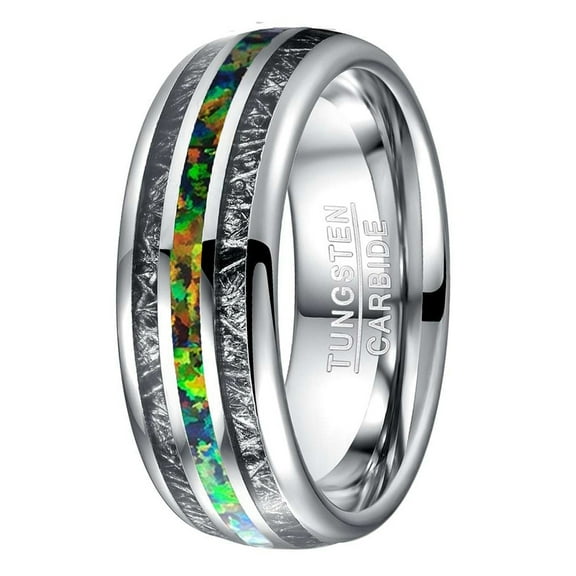 8mm Men's Tungsten Carbide Wedding Ring Inlaid with Opal and Imitated Meteorite Dome Style High Polished Comfort Fit Size 7-12