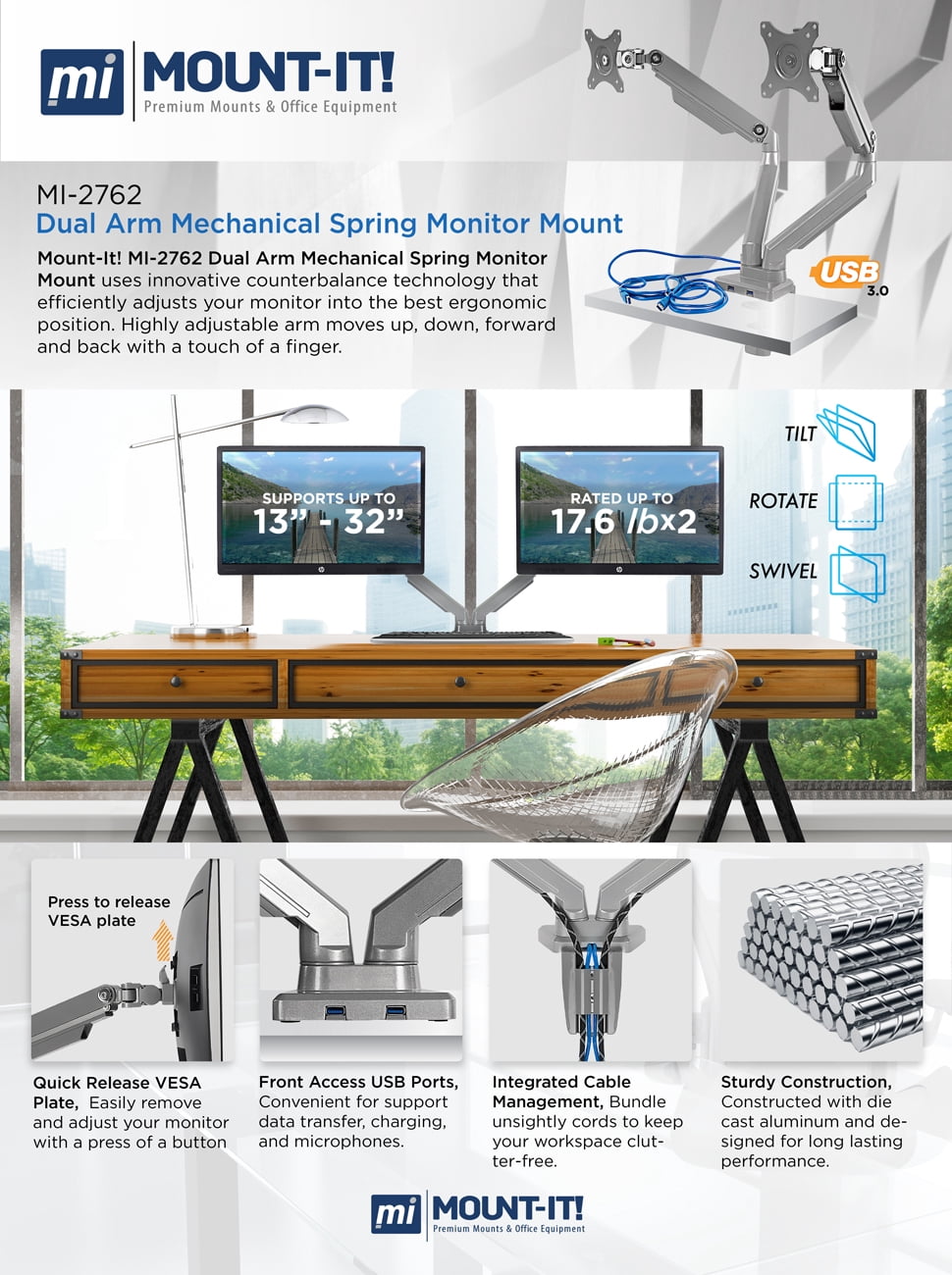 Mount-It! Dual Monitor Desk Mount w/ USB Ports | Fits 21-32 Inch Screens