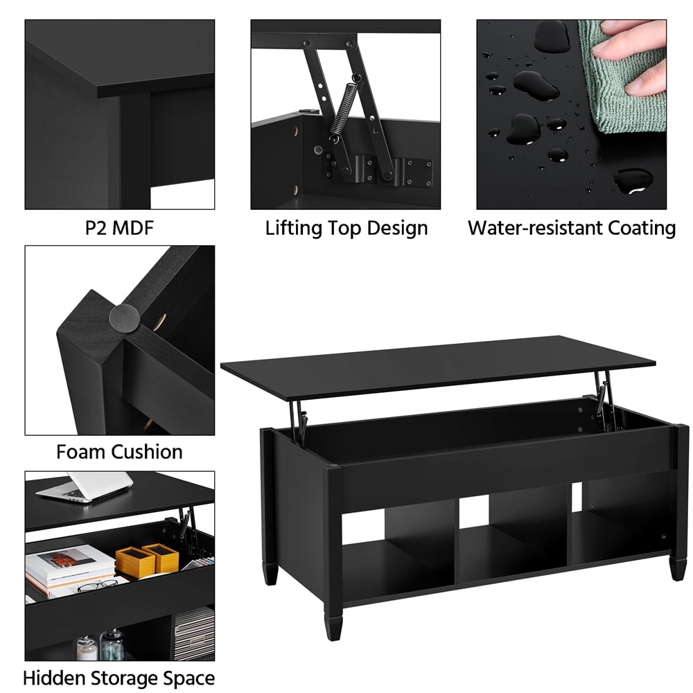 Alden Design 47.5 inch Wooden Lift Top Coffee Table with 3 Storage Compartments, Black
