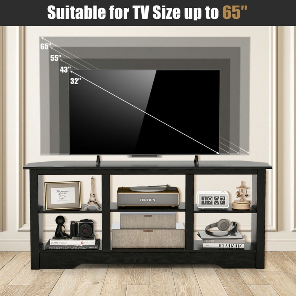 Finihen TV Stand, Entertainment Center, 58 Inch TV Stand with 6 Open Storage Shelves for TVs up to 65 Inches, for Living Room, Black