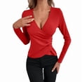 thumbnail image 1 of T-Shirt à Manches Longues Ajusté Col en V Profond Froncé pour Femmes Rouge m, 1 of 5