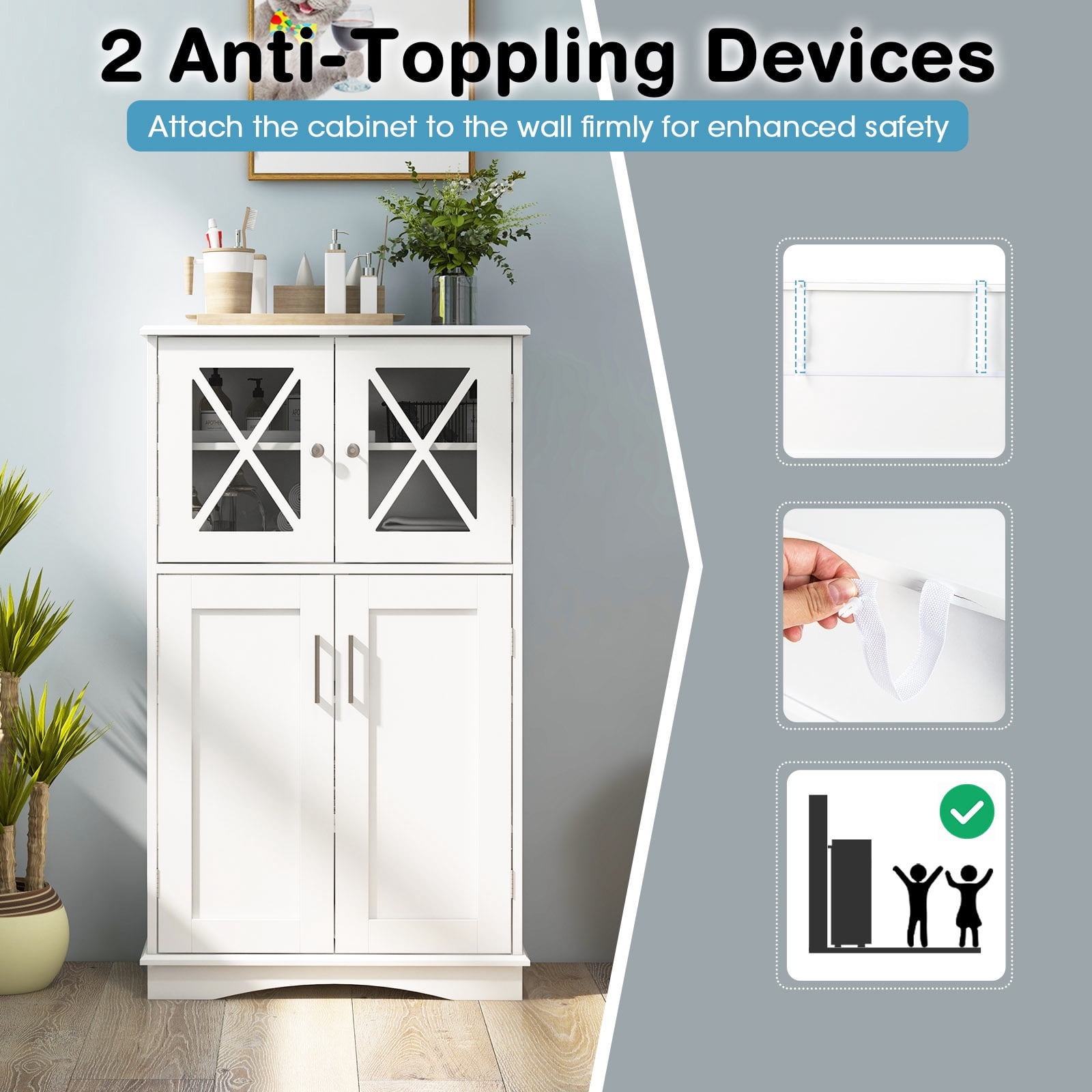 Giantex Bathroom Floor Storage Cabinet, Freestanding Linen Cabinet w/3 Adjustable Shelves, White