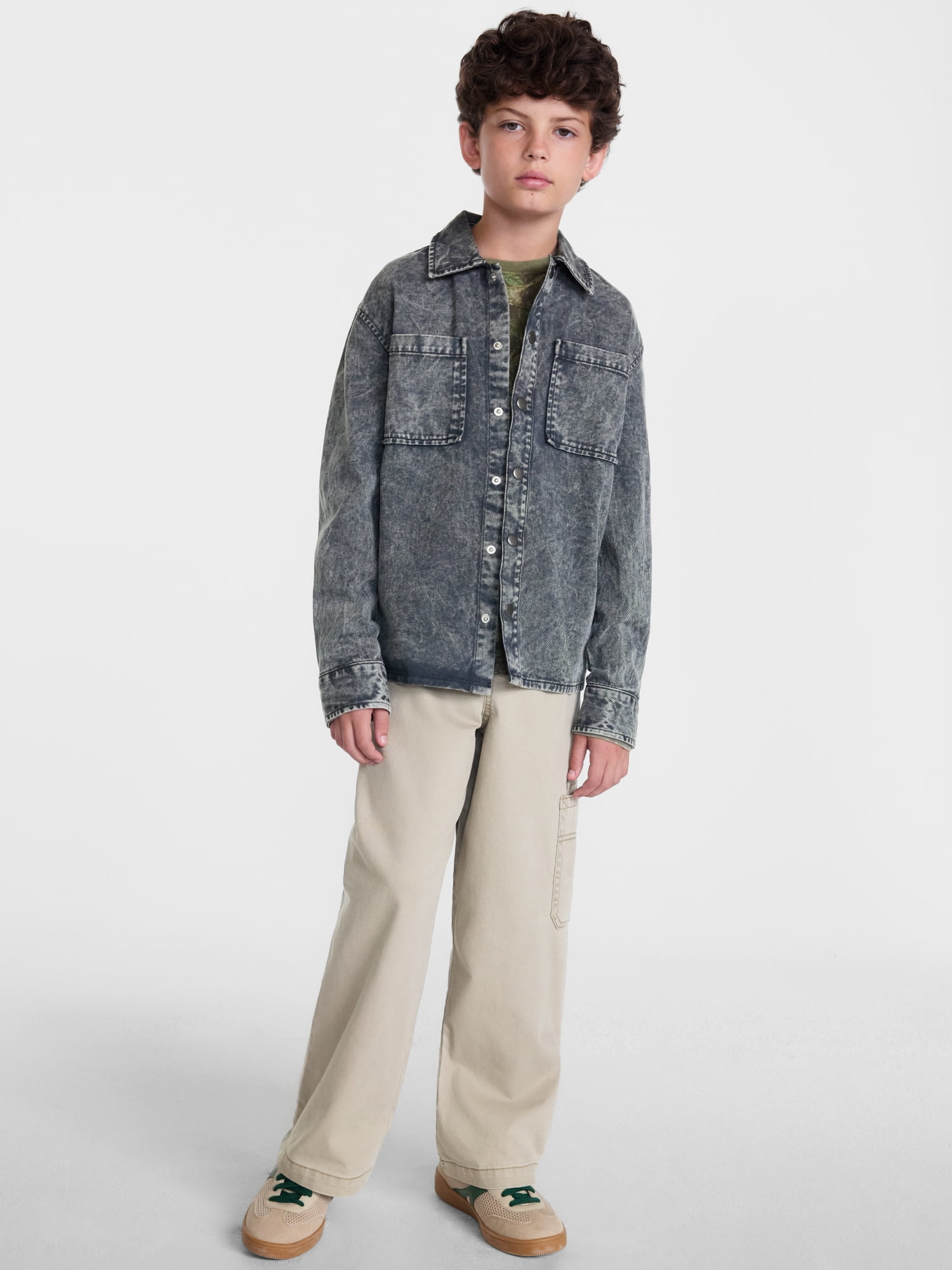 Weekend Academy Boys Washed Boxy Cotton Shacket with Long Sleeves, Sizes XS-XXL