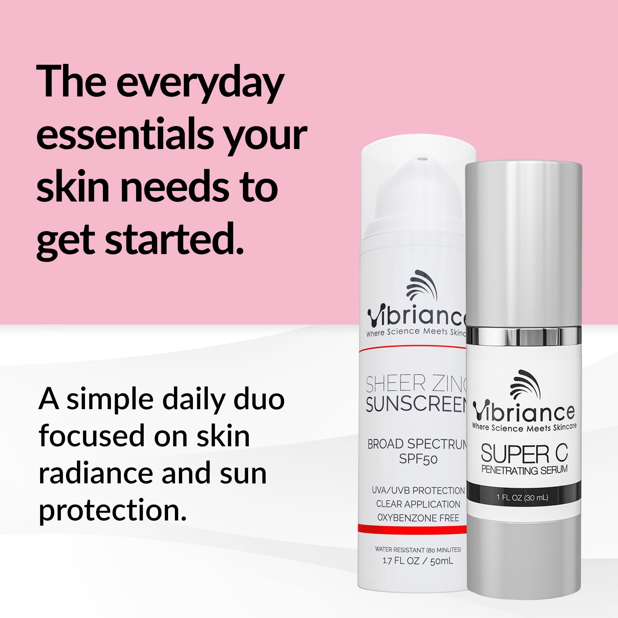 Vibriance Simple Skincare Essentials Bundle | Super C Vitamin Serum, Sheer Zinc Sunscreen SPF 50 Skin Care Set - Nourish, Protect, Illuminate