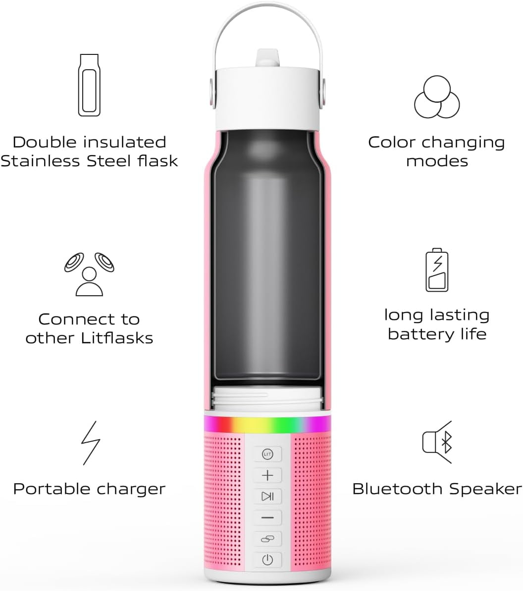 LITFLASK Smart Water Bottle with Premium Bluetooth Speaker, Pink, Portable Charger, LED Light, Stainless Steel, Mix & Match Colors, 20oz - Oprah's Favorite Things 2024