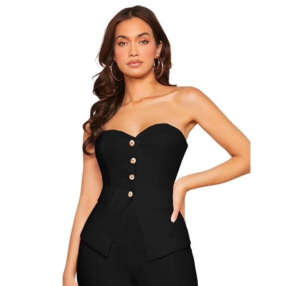 OYOANGLE Women's Sleeveless Button Front Split Hem Tube Top Business Casual Tank Tops Black S