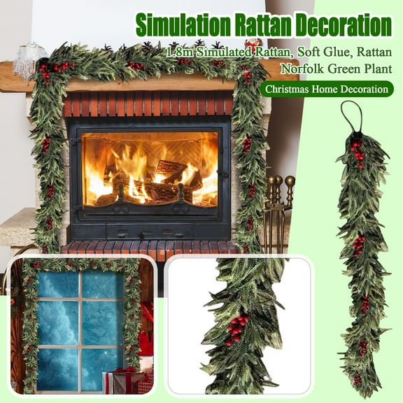 6ft Artificial Christmas Garland with Red Berries, Faux Greenery Garland for Holiday Decor, Indoor Outdoor Use on Fireplace, Mantle, Stairs, Festive Season Decoration