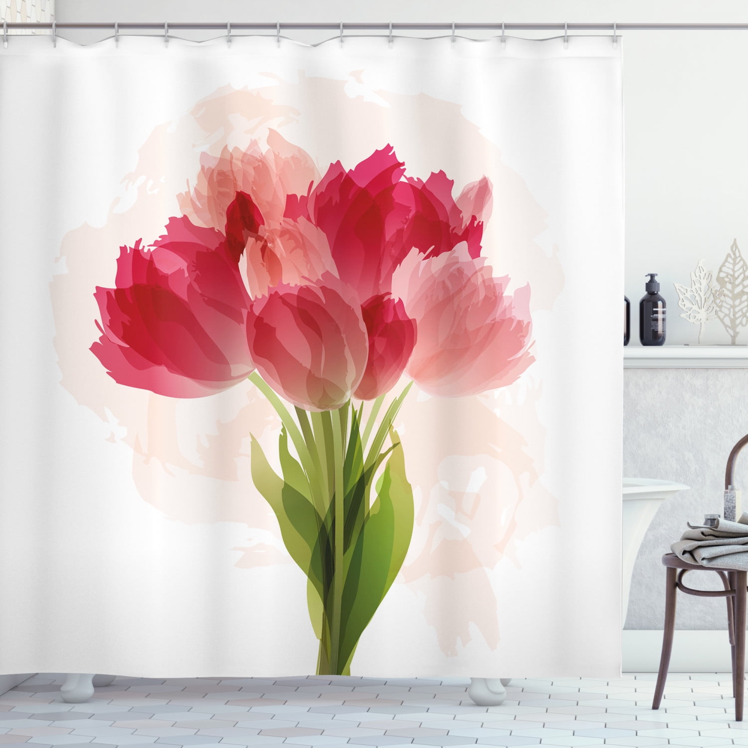 Watercolor Pink Flowers Bathroom & Hooks Waterproof Fabric Shower Curtain Sets 