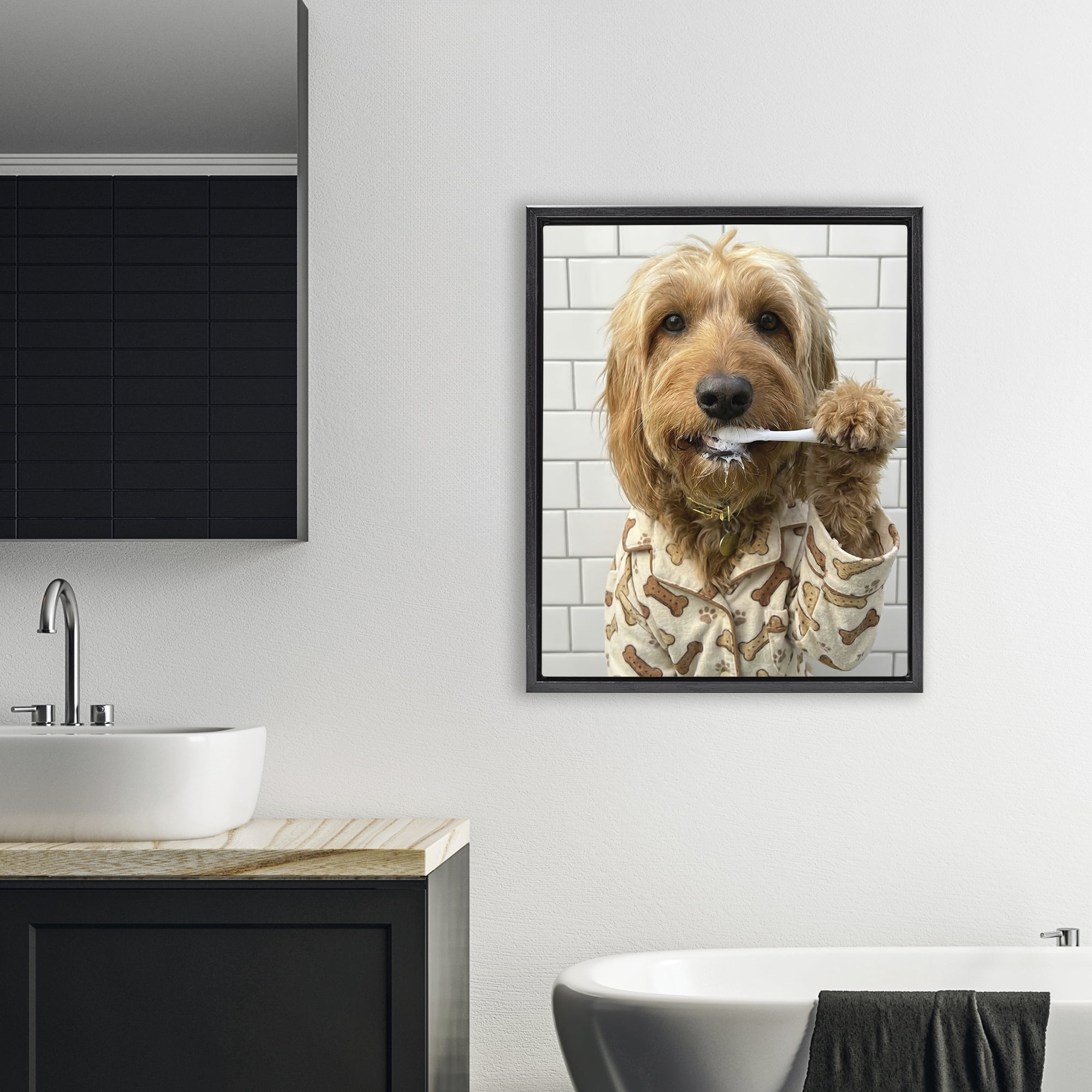 Stupell Industries Realistic Dog Brushing Teeth Black Framed Floater Canvas Wall Art, design by Abigail Walker