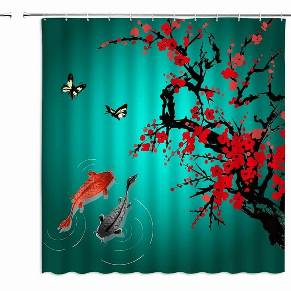 Cherry Blossom Koi Shower Curtain - Oriental Ink Painting Bathroom Decor Set with Hooks, 70x70