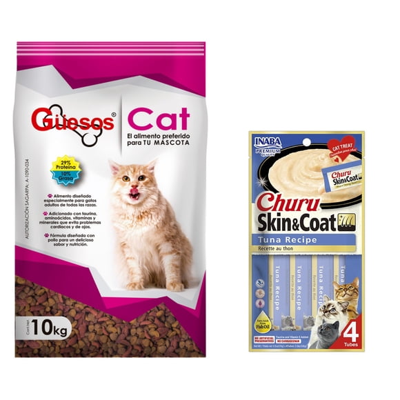 Güesos Gatos 10 kg + Churu Skin & Coat Atún Snack 4 tubos de 14g