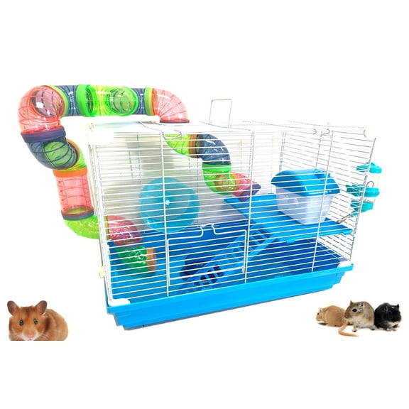 2-Floors Hamster Cage Gerbil House Habitat Kit Small Animal Travel Carrier with Solid Platform, Ladder, Exercise Wheel, Play Tubes, Water Bottle and Food Dish