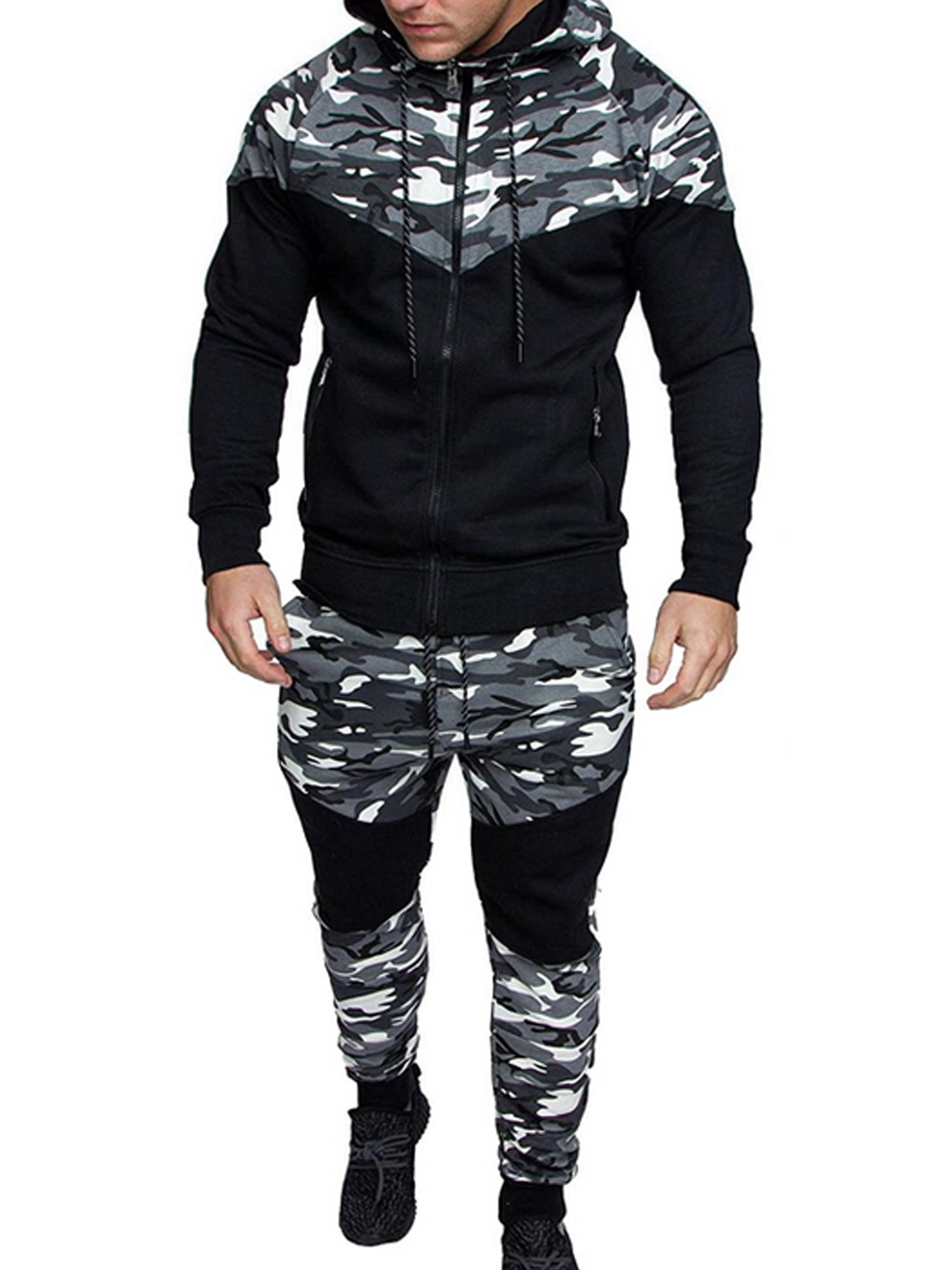 Mens Athletic Casual Pant and Hooded Jacket Sweatsuit Set 