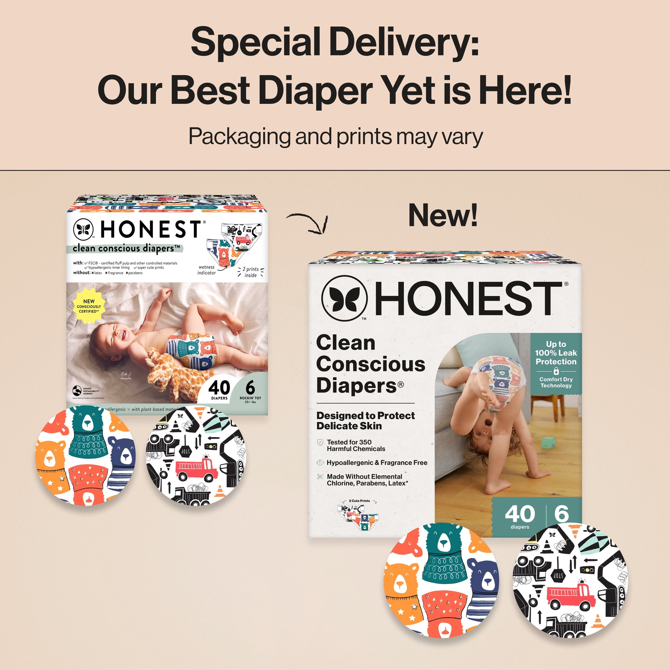 The Honest Company Clean Conscious Diapers® | Up to 100% Leak Protection I Designed to Protect Delicate Skin I Hypoallergenic + Fragrance Free | Beary Cool + Big Trucks, Size 6, 40 Count Club Box