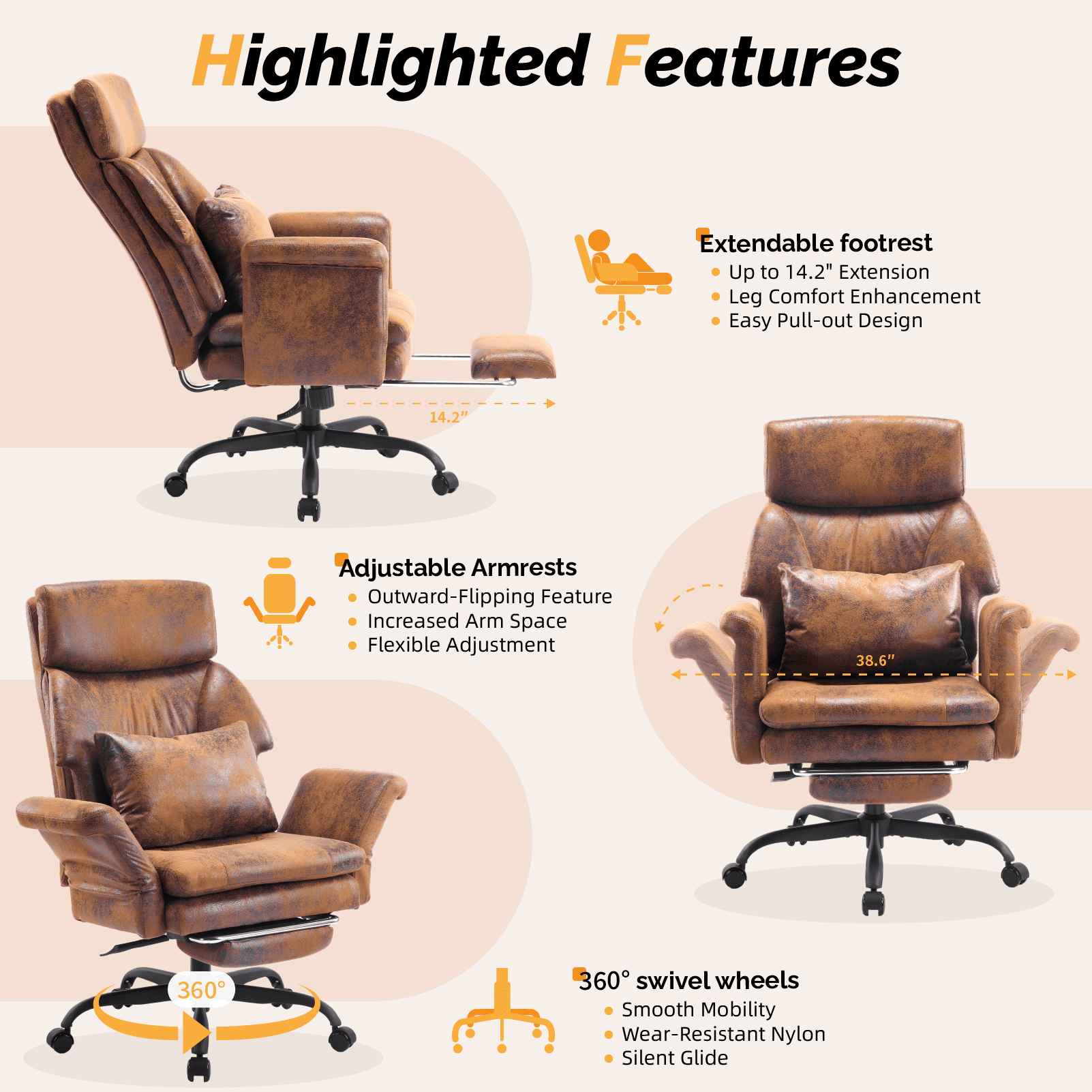 Ktaxon Gaming Chair with Footrest, High Back Bronzing Cloth Office Chair, Adjustable Reclining Desk Chair with Lumbar Support, Swivel Task Seating for Adults Brown